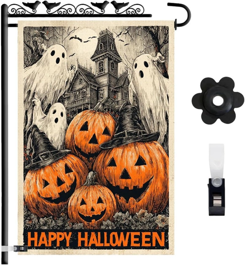 KarvePro Halloween Garden Flag 12x18 Double Sided – Happy Halloween Flag for Outside, Spooky Ghosts, Pumpkins & Haunted House Yard Flag Decor for Fall Outdoor Display - Image 1